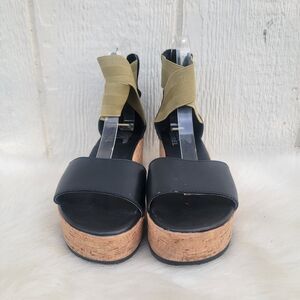 Sorel Cameron Platform Wedge Women's Sandal Elastic Ankle Strap Blk/tan Sz 5.5